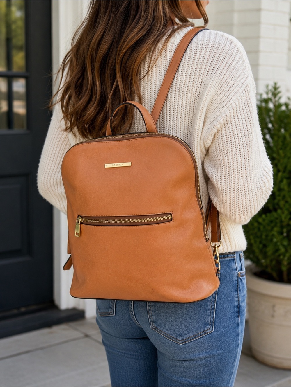 Brahmin Felicity Leather Backpack Camel Tan Medium Zip Travel Everyday Bag